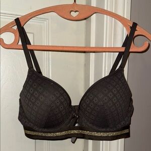 Aerie Bridget 32D Elegant Gray Lace Bra with Gold Accents